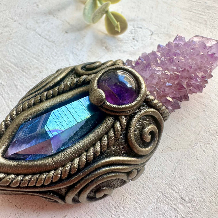 Spiritual crystal pendant featuring Deep Purple Spirit Quartz with shimmering Aqua Aura Quartz accents.