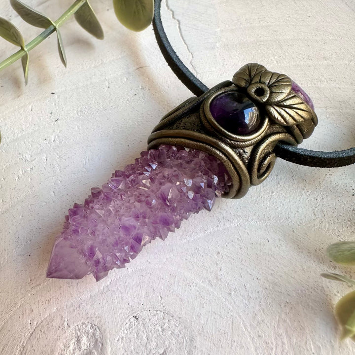 Handmade gemstone necklace with Spirit Quartz and beautiful natural crystal accents.