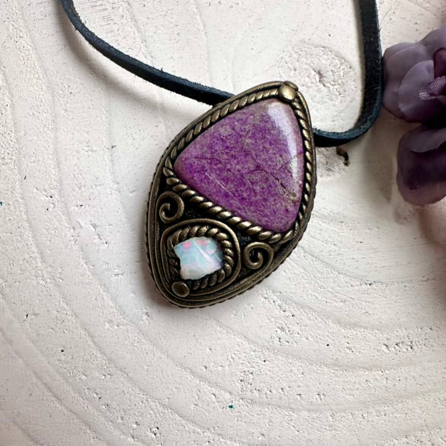 Natural raw Ethiopian Opal shimmer and Stichtite crystal pendant on adjustable cord, handmade spiritual talisman.