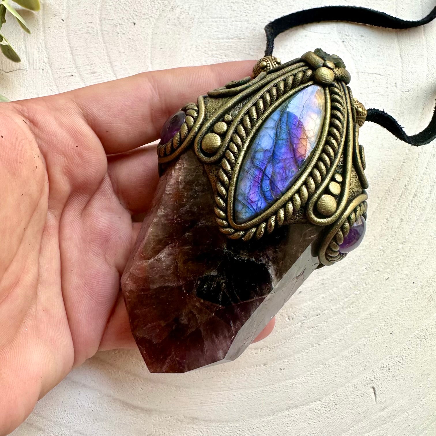 Handmade Super Seven Quartz crystal wand pendant necklace with Labradorite, Moldavite and Amethyst.