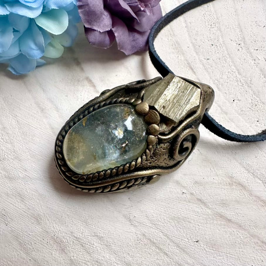 Handmade Topaz gemstone and raw Pyrite pendant on adjustable cord, spiritual unisex talisman necklace.
