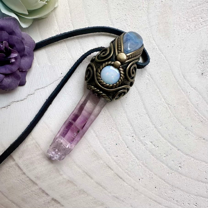 Natural Vera Cruz Amethyst crystal with Australian Opal fire flash and Rainbow Moonstone glow, handmade amulet of intuition and calm.