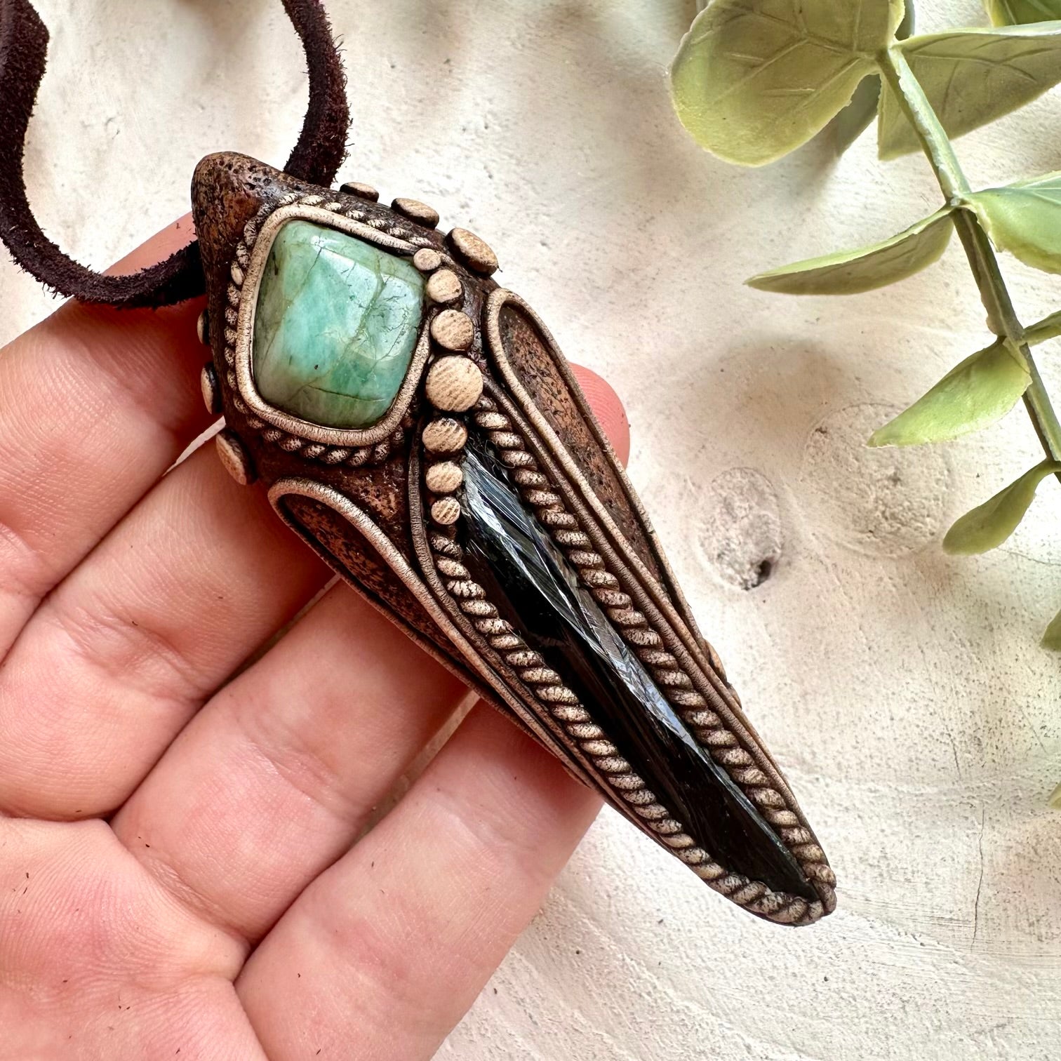 Metaphysical crystal necklace with Vivianite and Emerald for abundance, intuition and spiritual growth