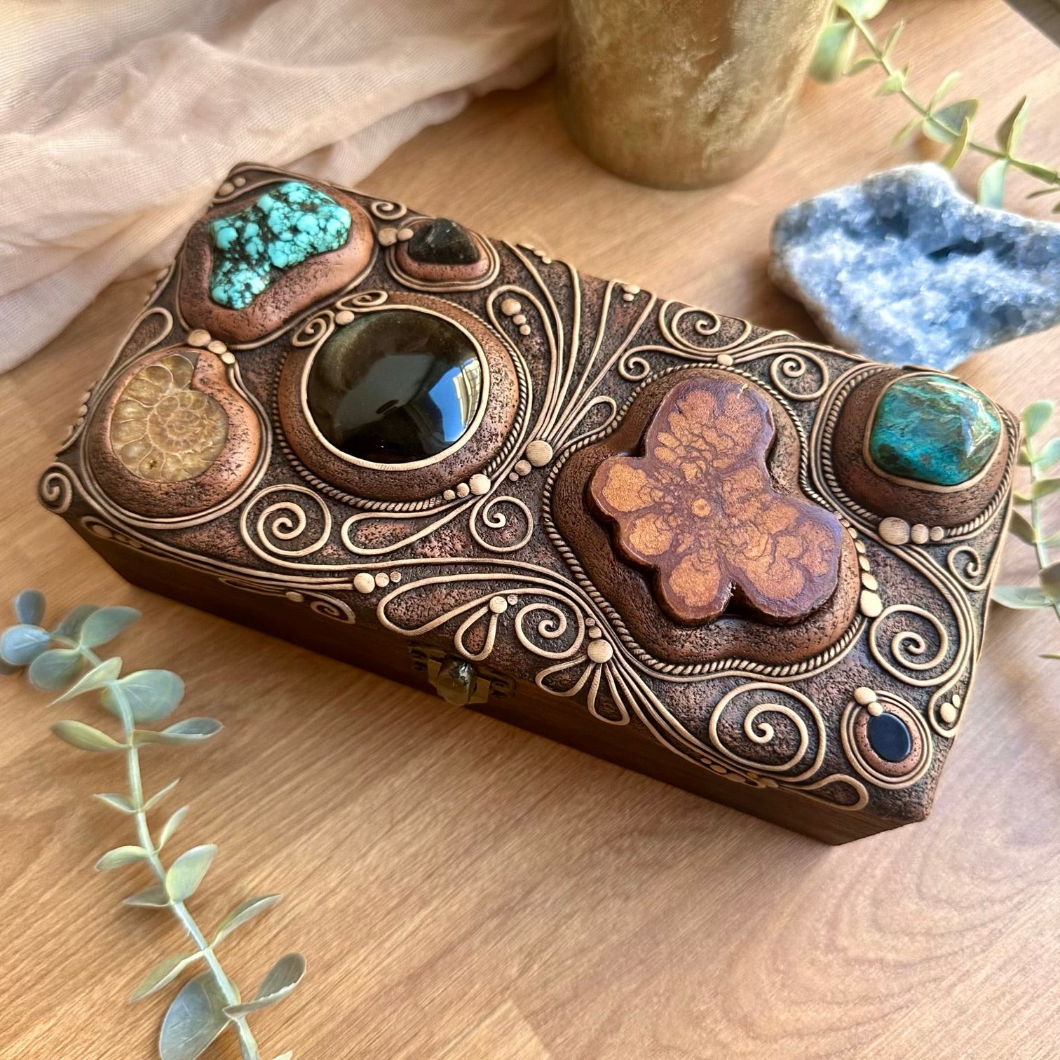 Metaphysical home decor wooden box with Ammonite and Moldavite