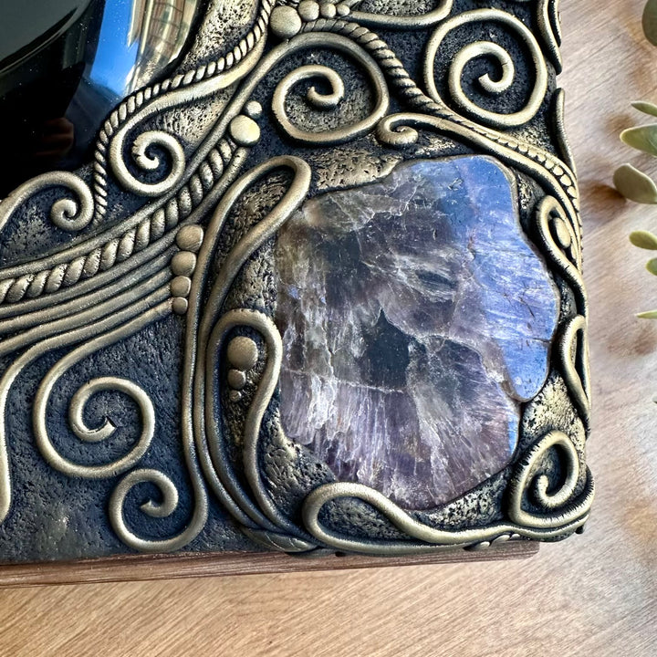 One-of-a-kind wooden box decorated with healing crystals and gemstones