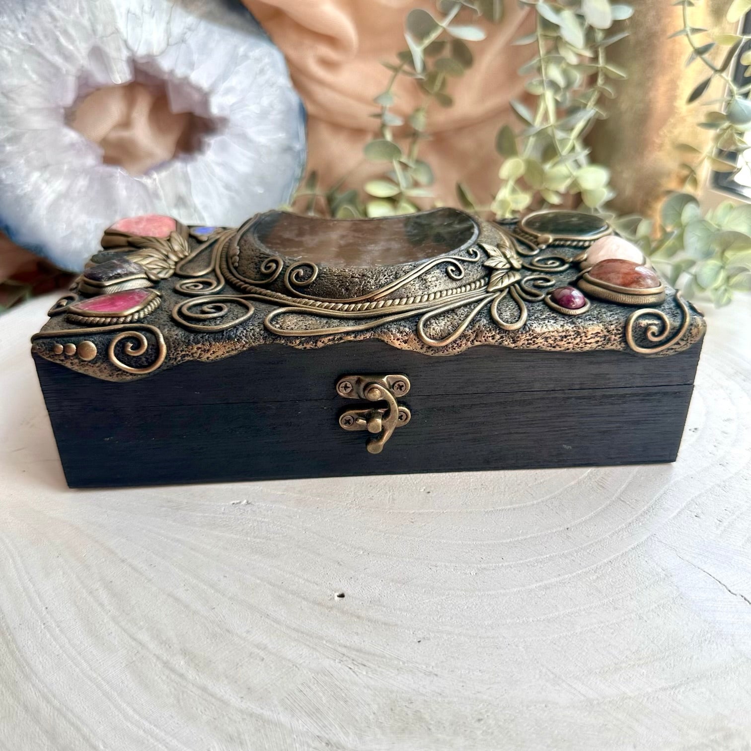 Astrophyllite moon crystal decor box with handcrafted spiritual gemstone home decor aesthetic