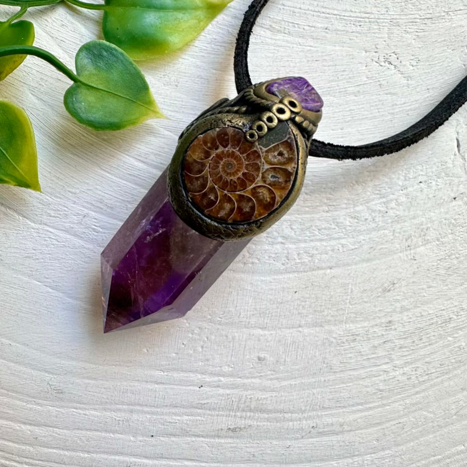 Handmade Crystal Pendant with Ametrine, Ammonite and Charoite – Healing Wand Jewelry