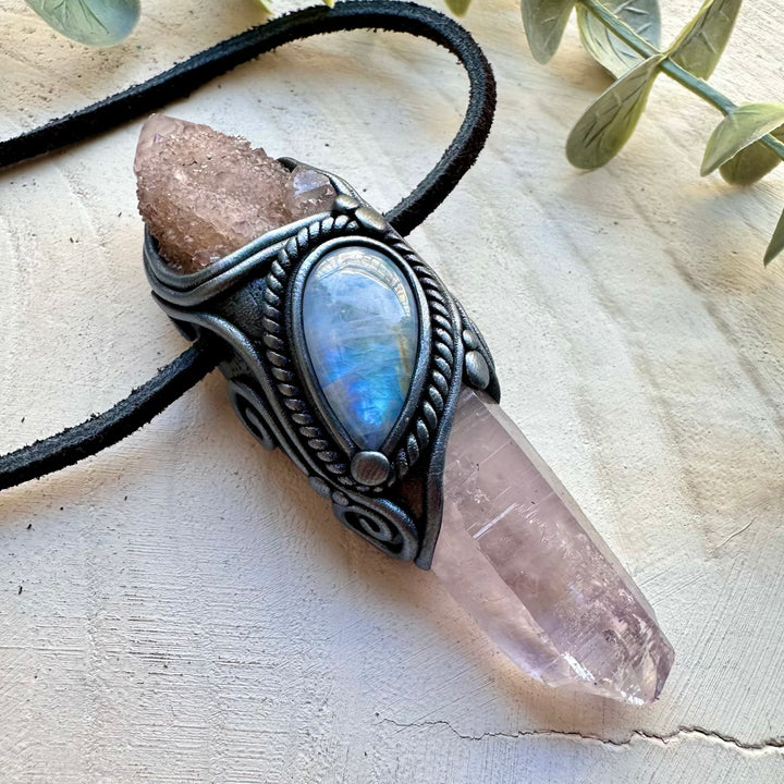 Spiritual jewelry combining amethyst moonstone and quartz