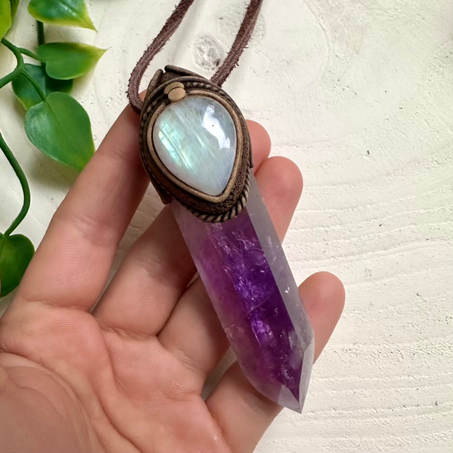 Amethyst Point and Rainbow Moonstone pendant necklace – mini crystal wand