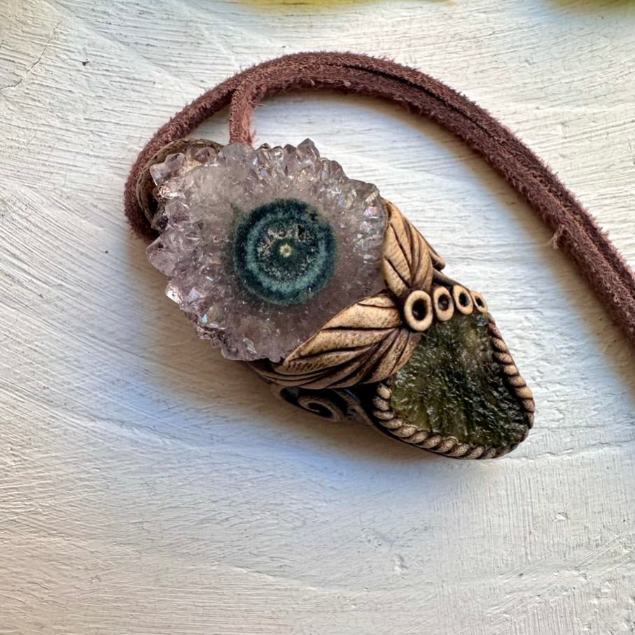 Amethyst Stalactite and Moldavite Necklace, Natural Crystal Jewelry - FairyGardenGlow