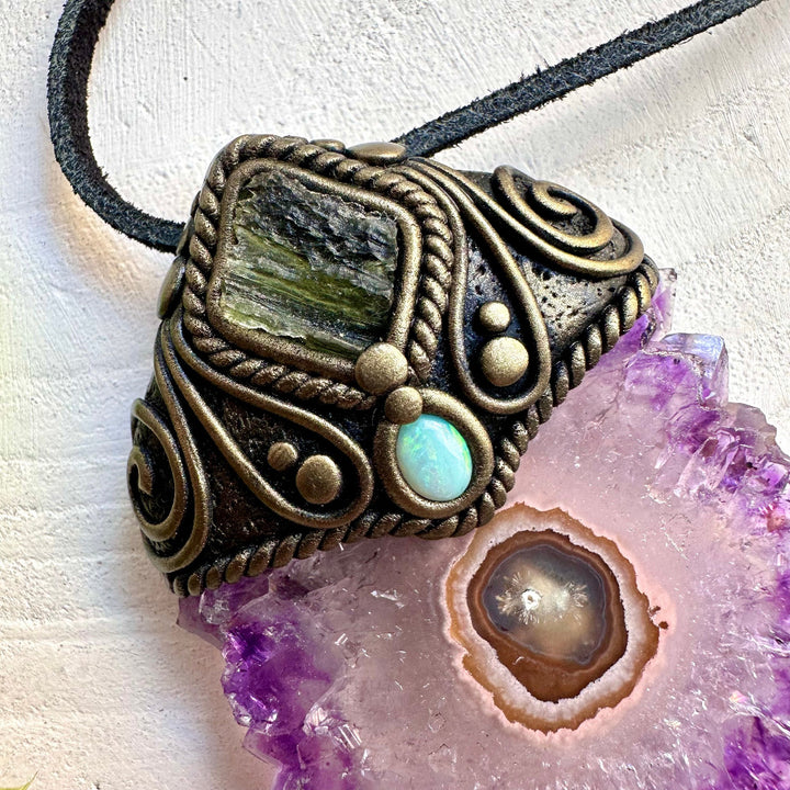 Unique gemstone necklace featuring Amethyst Stalactite, Moldavite and Opal