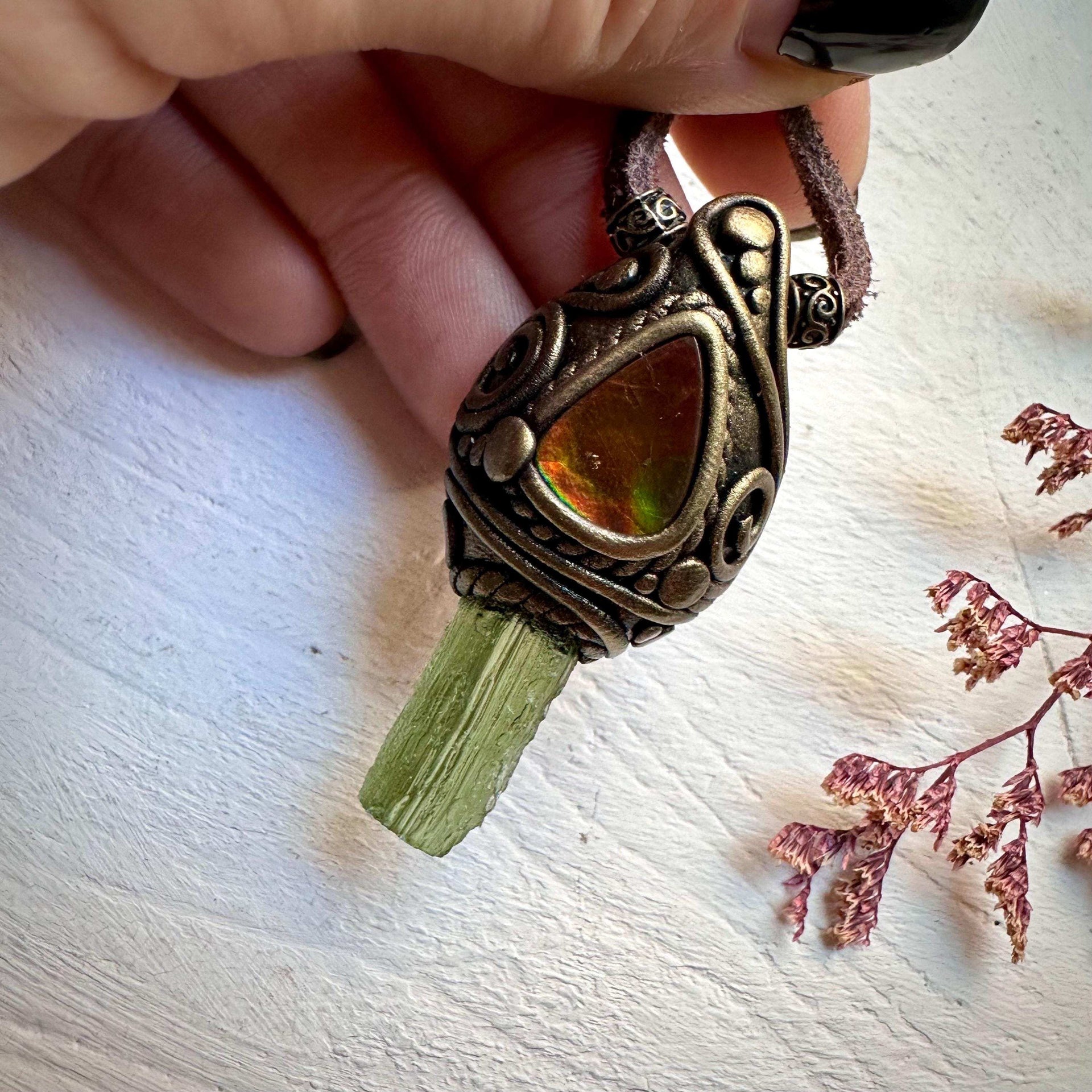 Moldavite and Ammolite Necklace - FairyGardenGlow