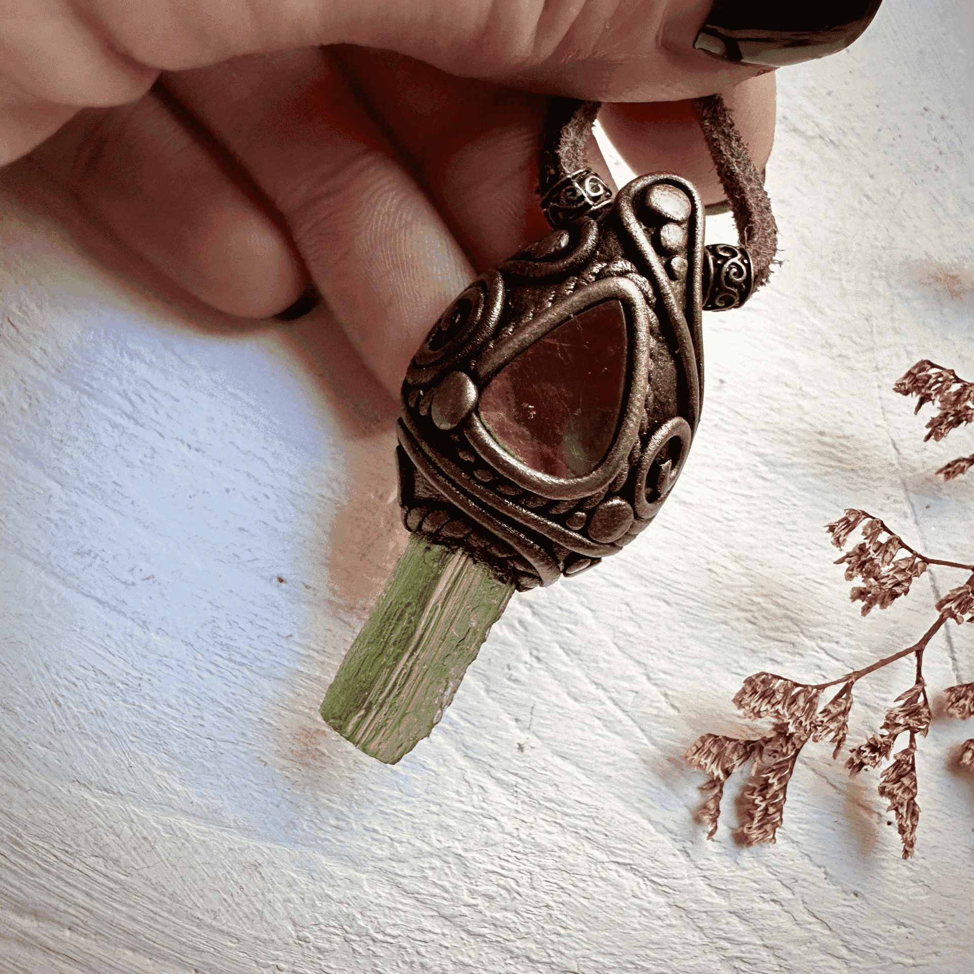 Moldavite and Ammolite Necklace - FairyGardenGlow