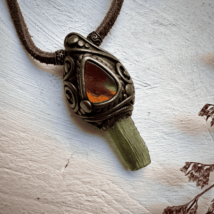 Moldavite and Ammolite Necklace - FairyGardenGlow