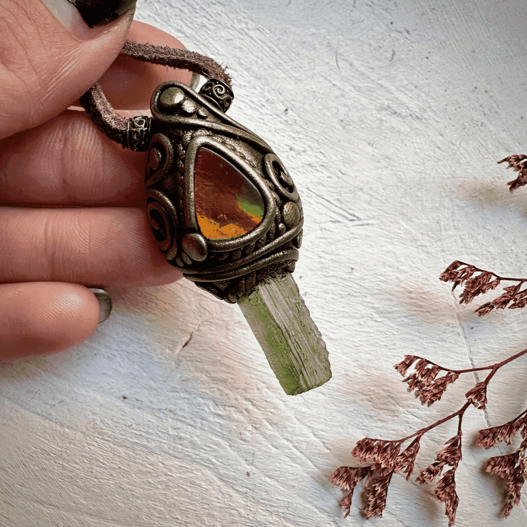 Moldavite and Ammolite Necklace - FairyGardenGlow