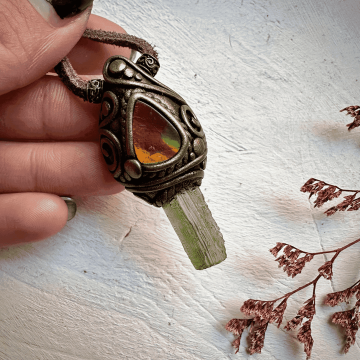 Moldavite and Ammolite Necklace - FairyGardenGlow