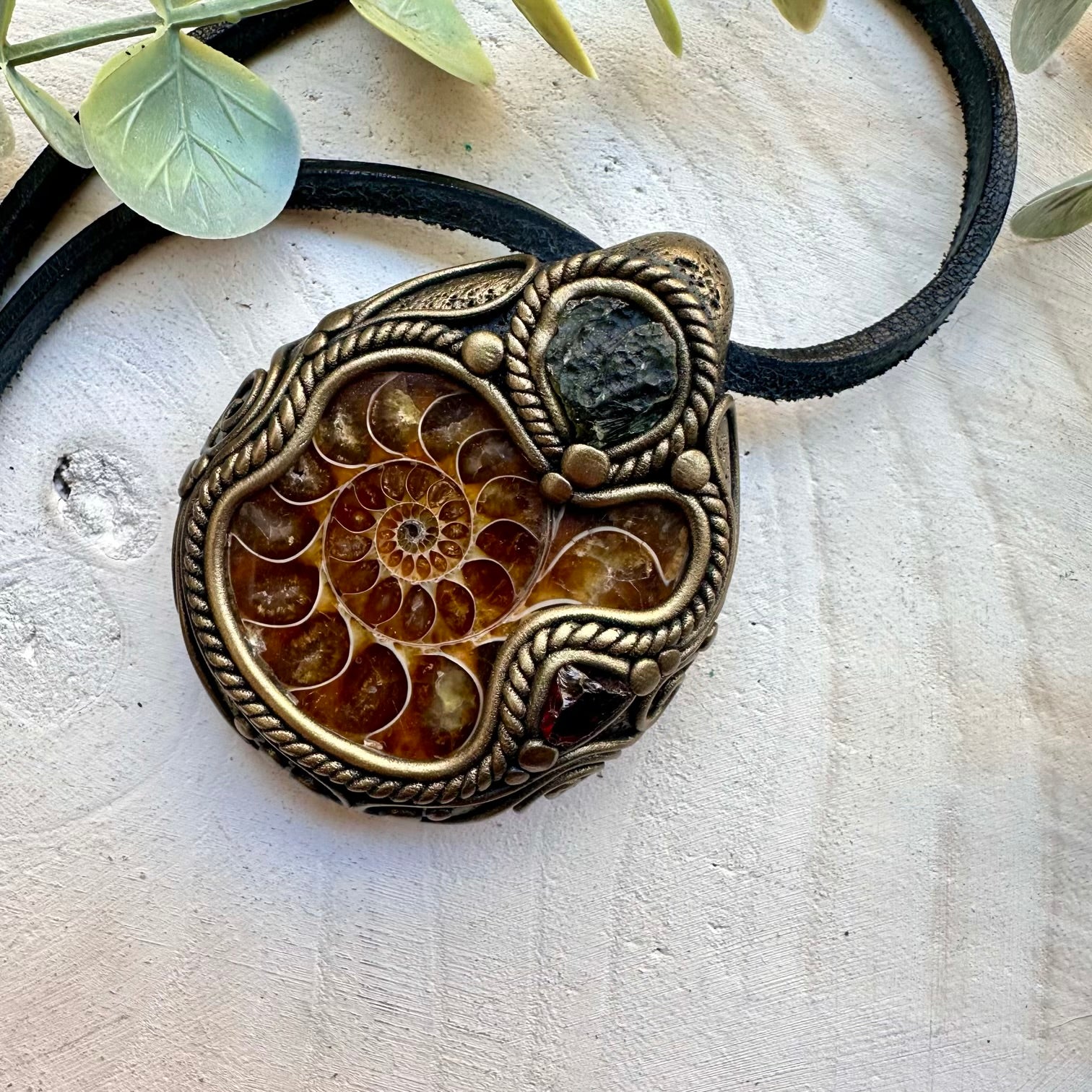 Handmade necklace with ammonite fossil moldavite and garnet