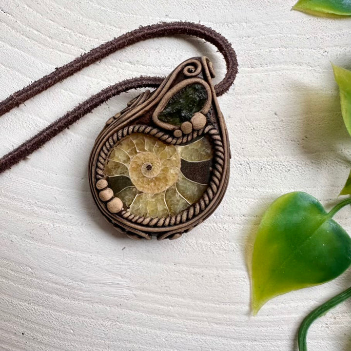 Unisex Ammonite and Moldavite gemstone pendant necklace
