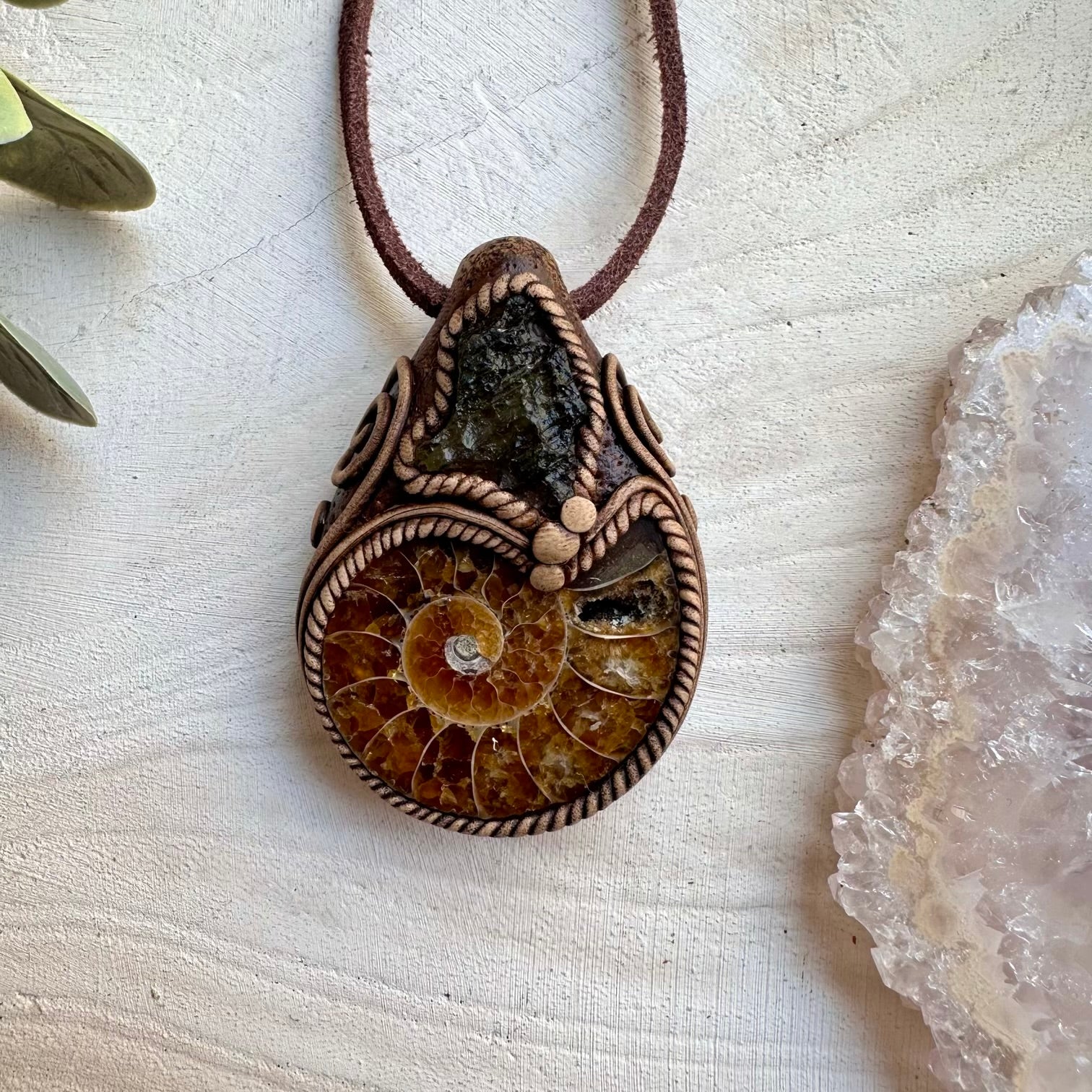 Moldavite and ammonite fossil healing crystal necklace