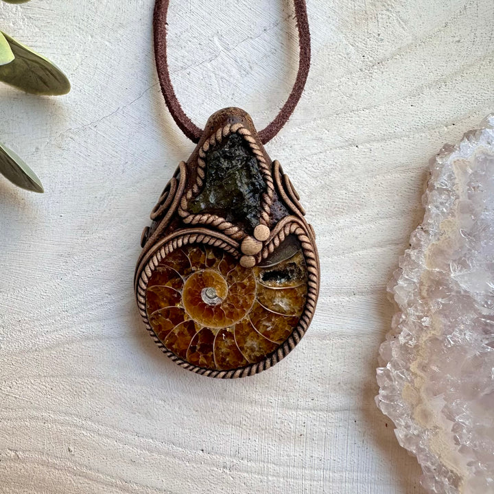 Moldavite and ammonite fossil healing crystal necklace