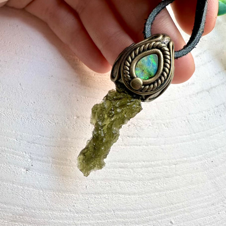 Healing crystal necklace with Moldavite and Boulder Opal