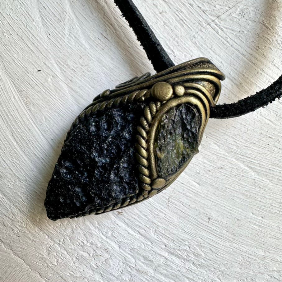 Artisan Handmade Pendant Necklace – Moldavite and Black Tektite Healing Stones for Balance and Protection
