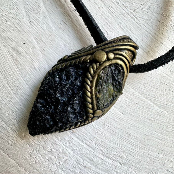 Artisan Handmade Pendant Necklace – Moldavite and Black Tektite Healing Stones for Balance and Protection