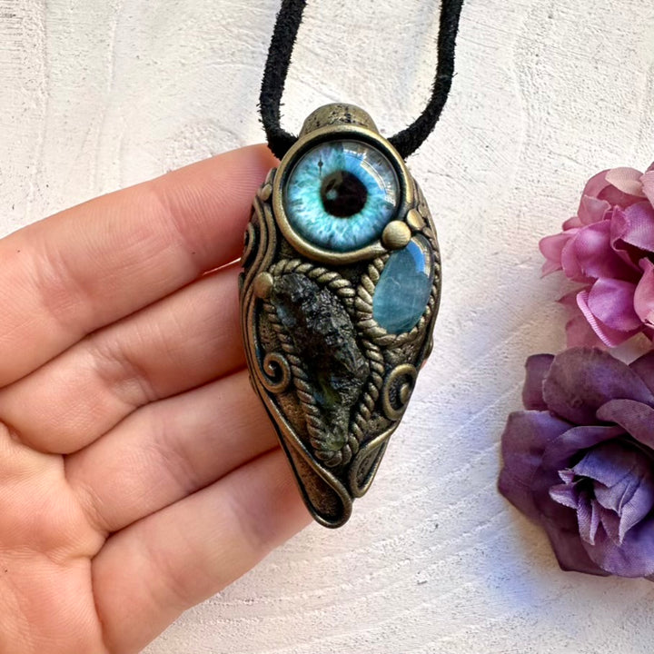 Handmade Moldavite and Aquamarine eye pendant necklace, unisex healing crystal jewelry talisman.
