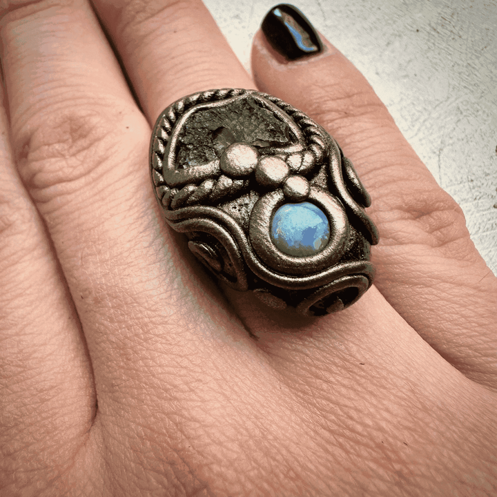 Moldavite and Australian Opal Ring - FairyGardenGlow