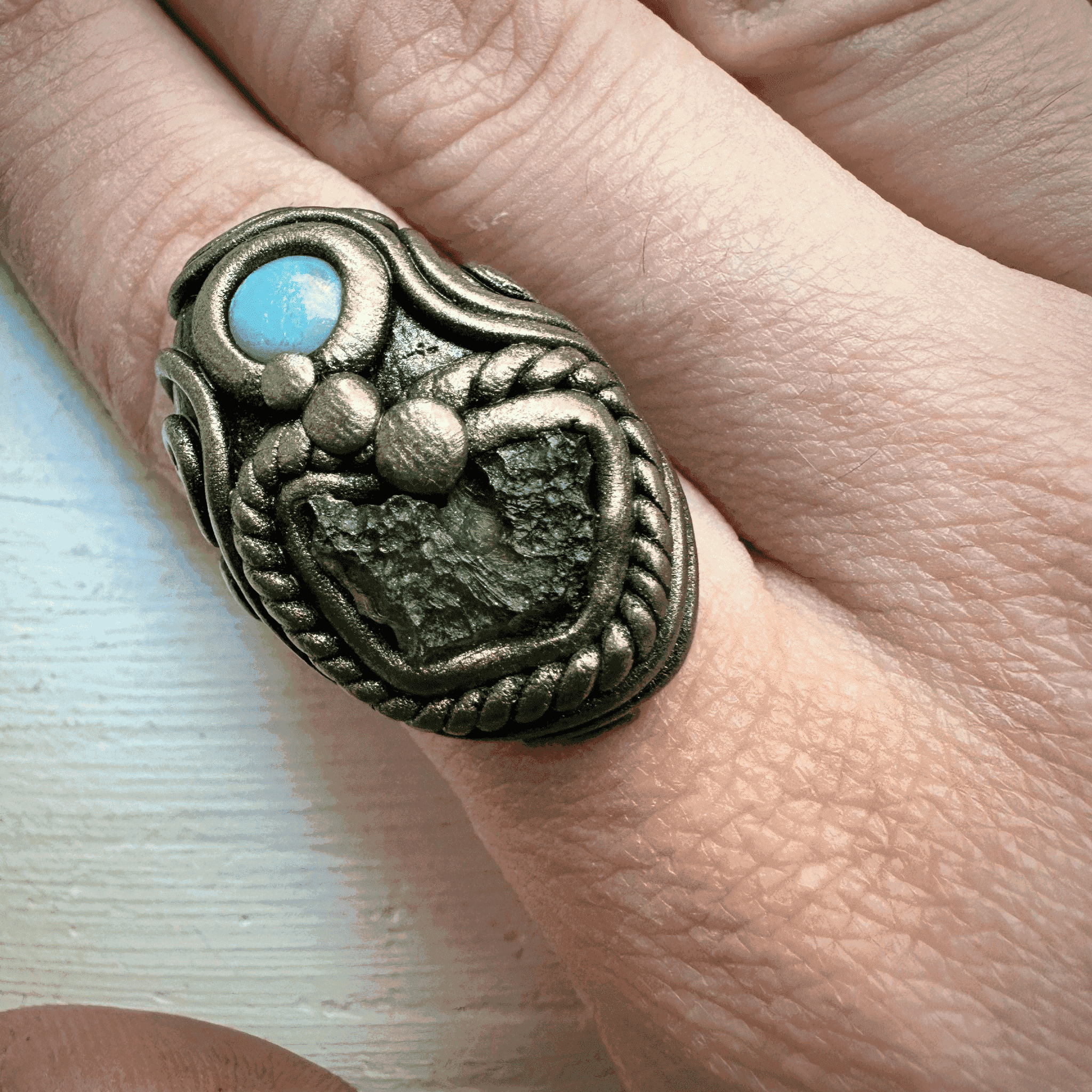 Moldavite and Australian Opal Ring - FairyGardenGlow