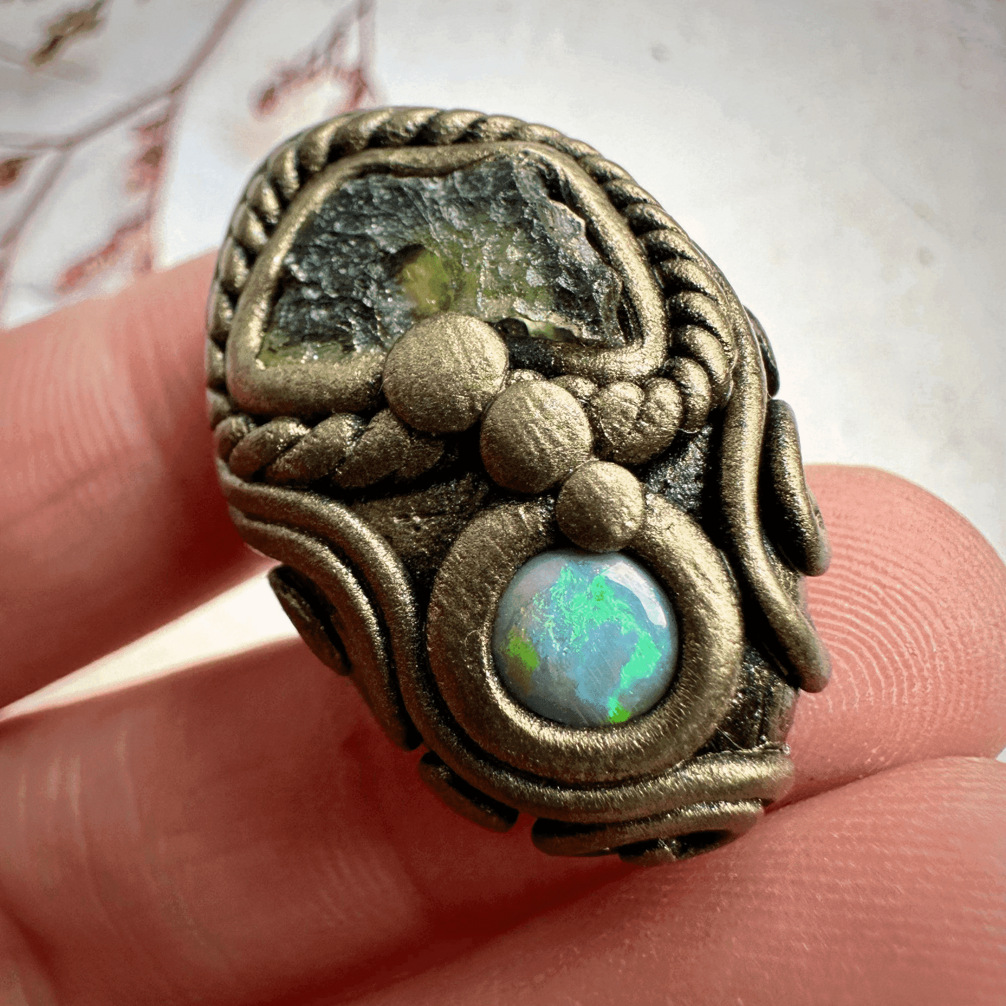Moldavite and Australian Opal Ring - FairyGardenGlow