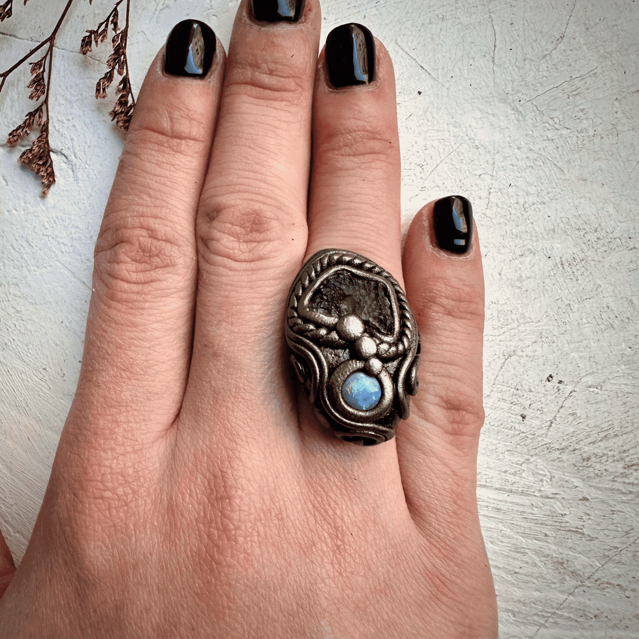 Moldavite and Australian Opal Ring - FairyGardenGlow