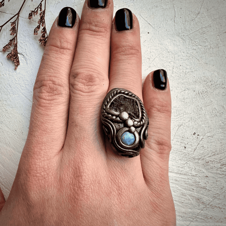 Moldavite and Australian Opal Ring - FairyGardenGlow