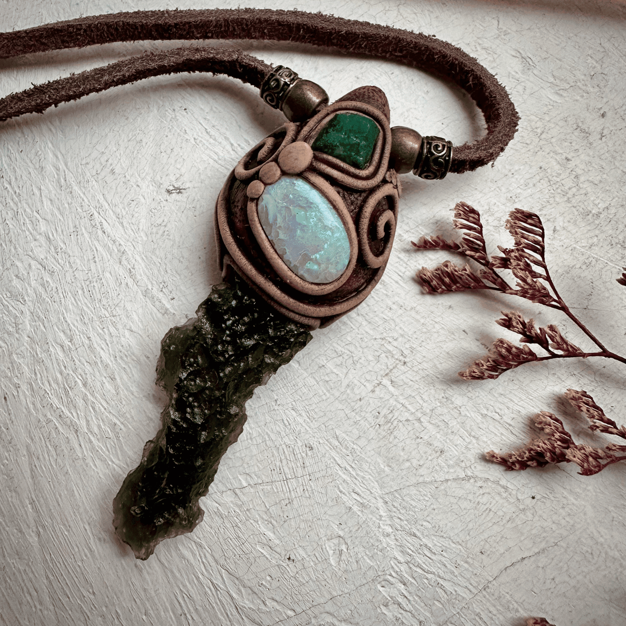 Moldavite Australian Opal and Raw Emerald Necklace - FairyGardenGlow
