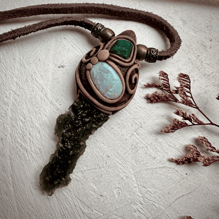 Moldavite Australian Opal and Raw Emerald Necklace - FairyGardenGlow