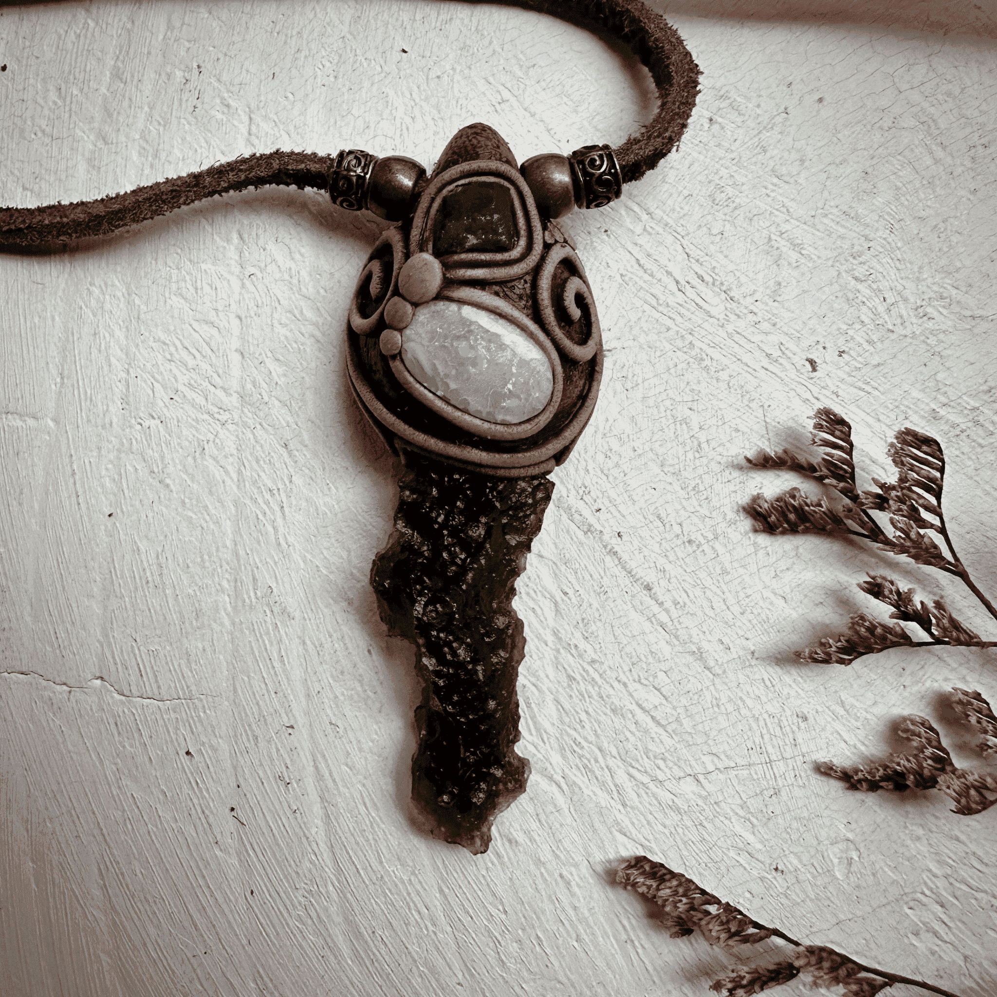 Moldavite Australian Opal and Raw Emerald Necklace - FairyGardenGlow