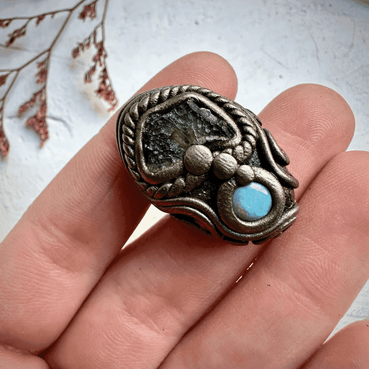 Moldavite and Australian Opal Ring - FairyGardenGlow
