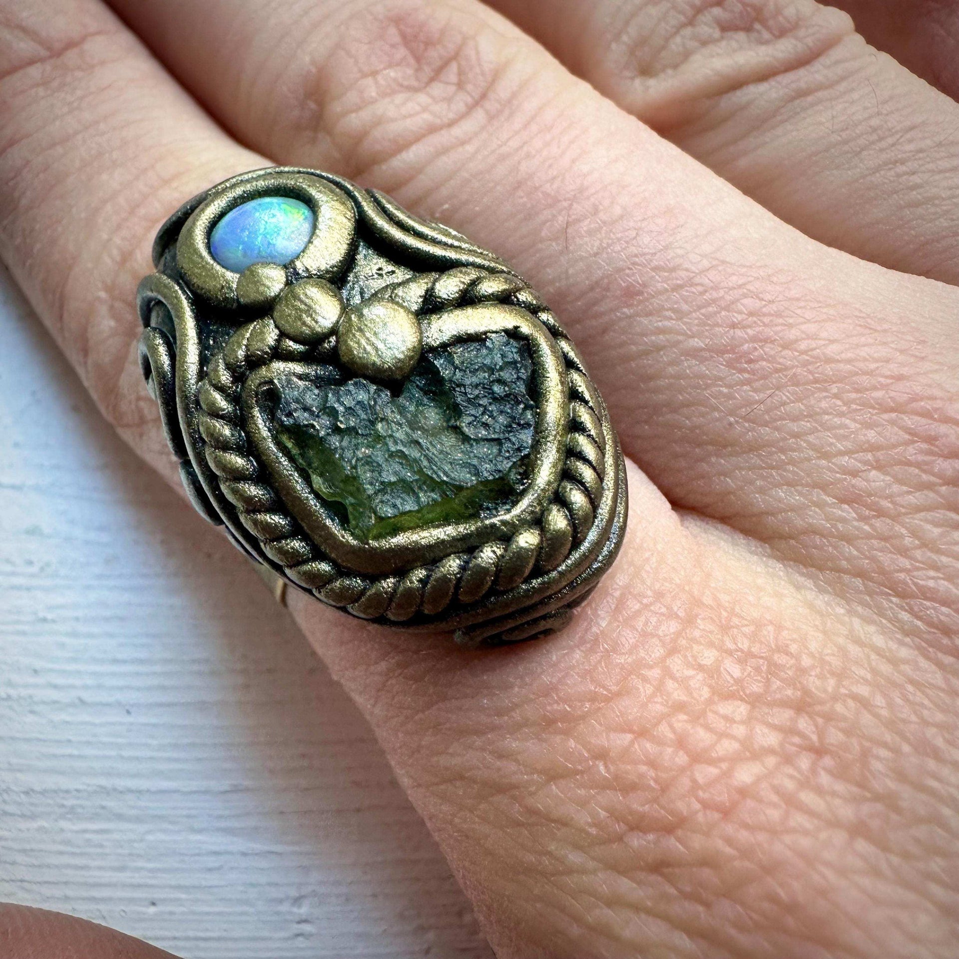 Moldavite and Australian Opal Ring - FairyGardenGlow