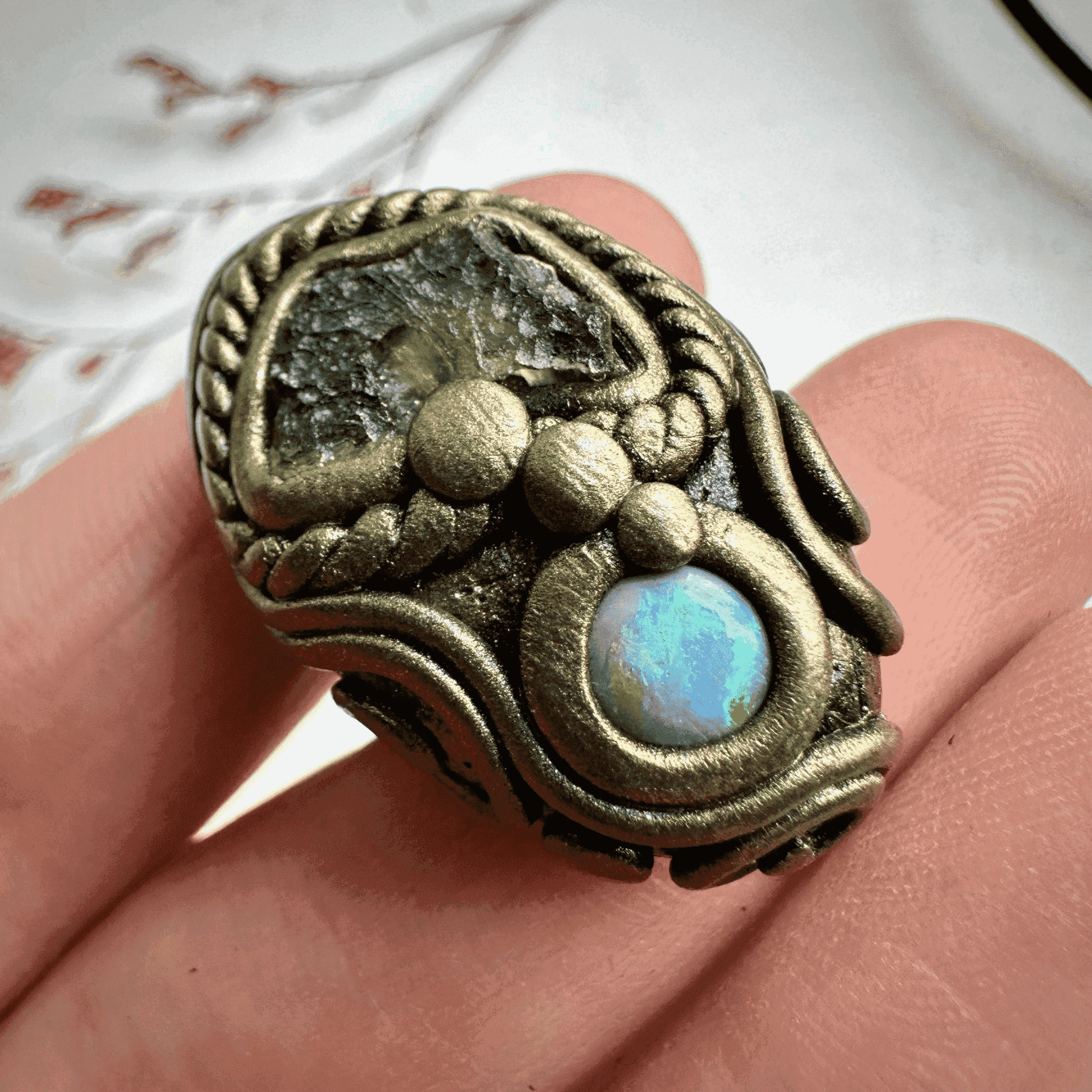 Moldavite and Australian Opal Ring - FairyGardenGlow