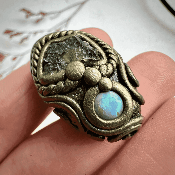 Moldavite and Australian Opal Ring - FairyGardenGlow