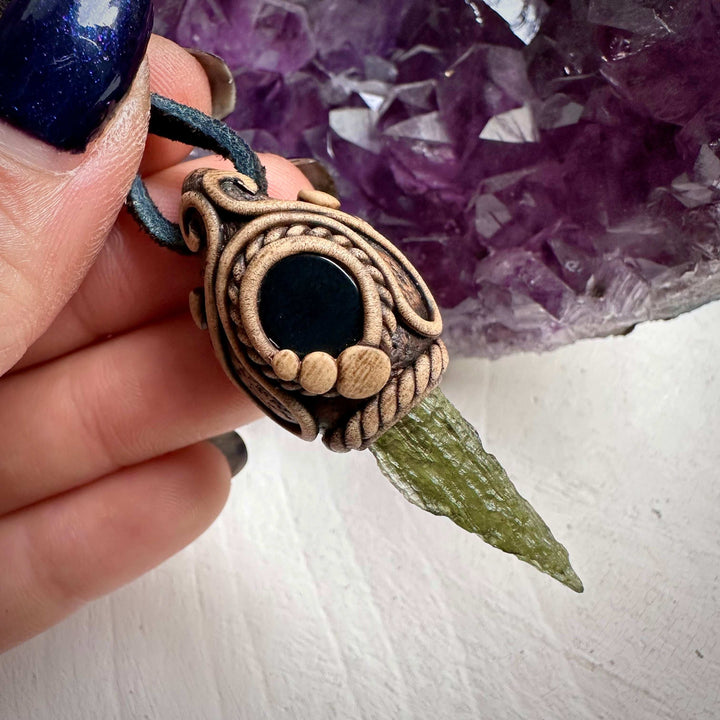 Moldavite and Black Onyx Necklace - FairyGardenGlow