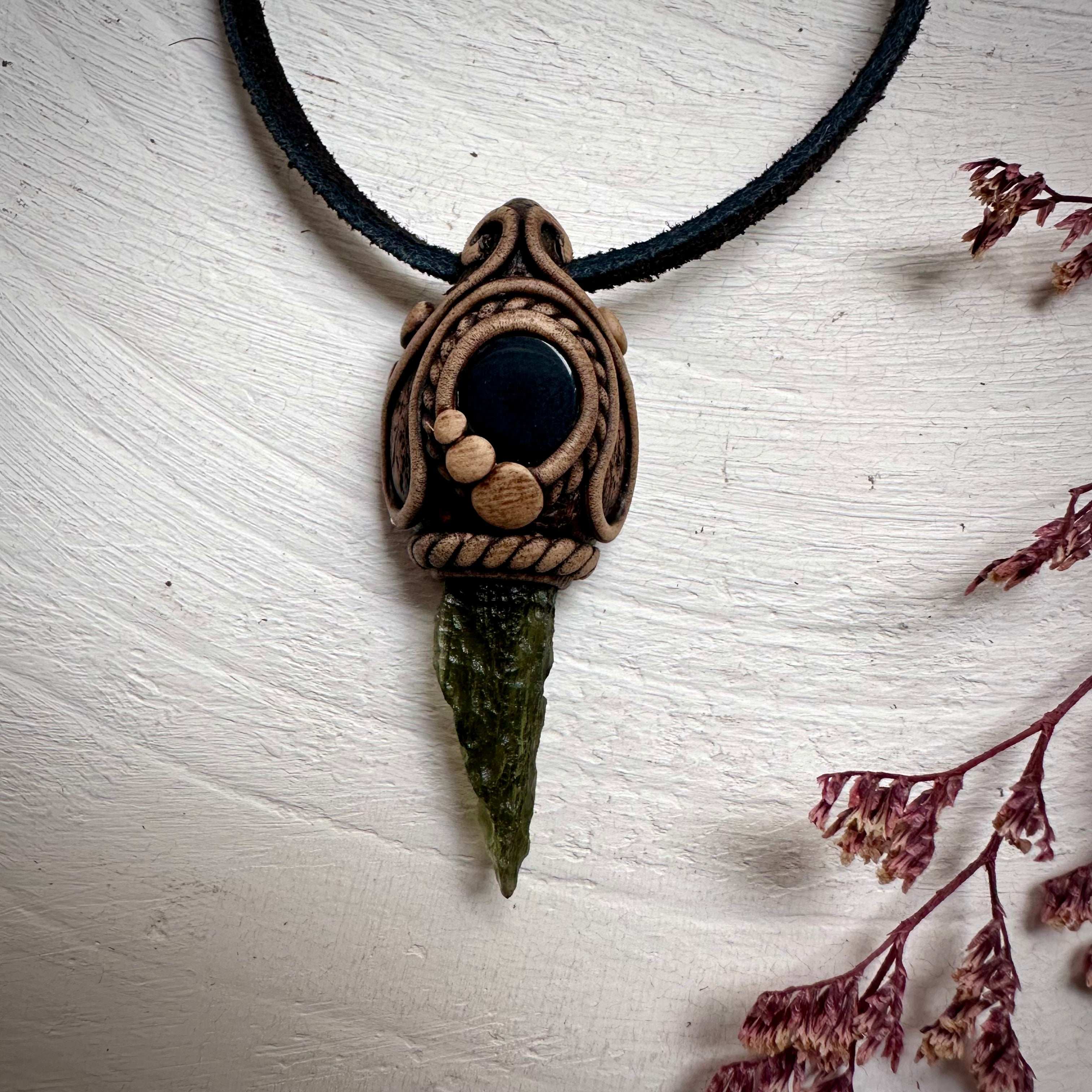 Moldavite and Black Onyx Necklace - FairyGardenGlow