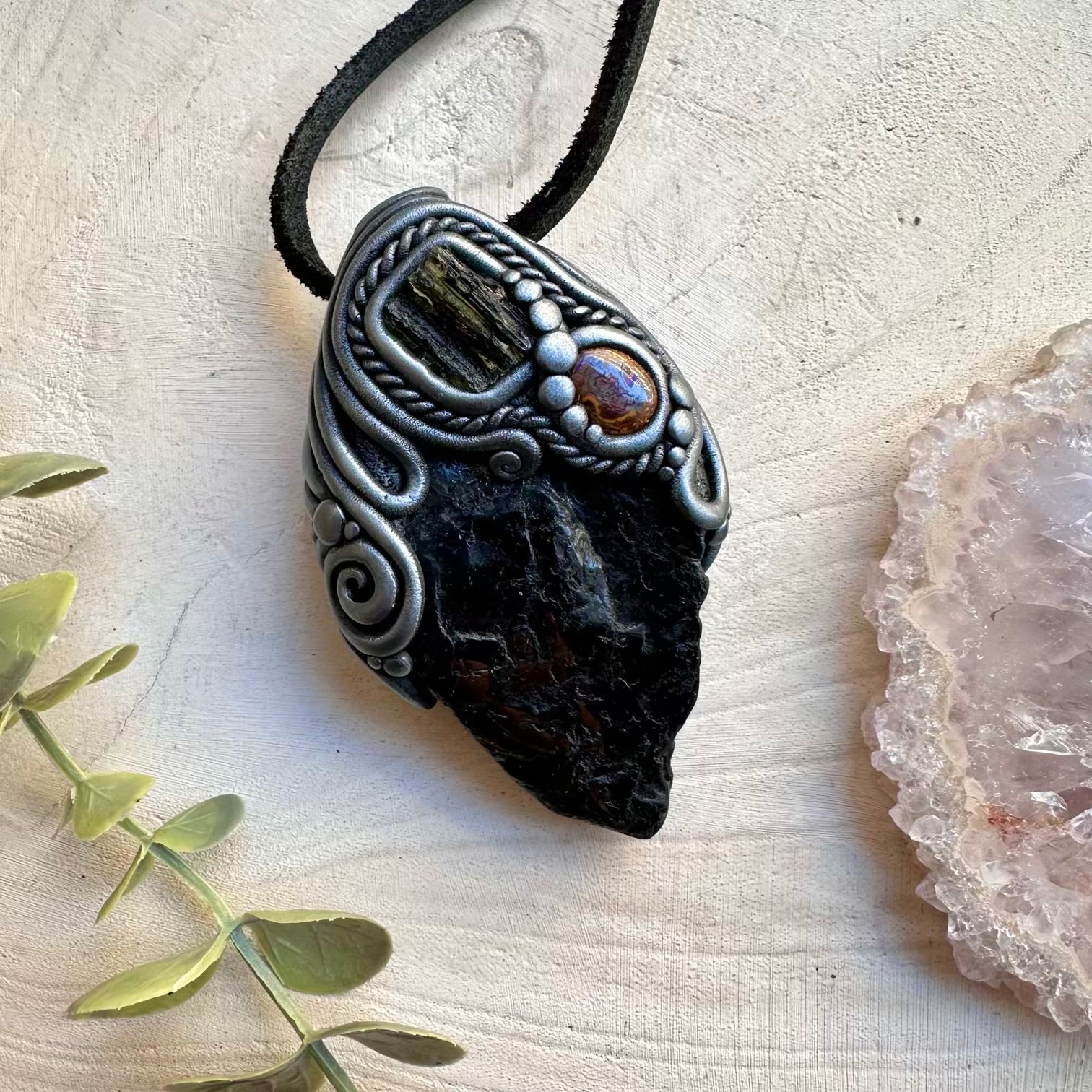 Healing crystal pendant with raw moldavite and black tourmaline