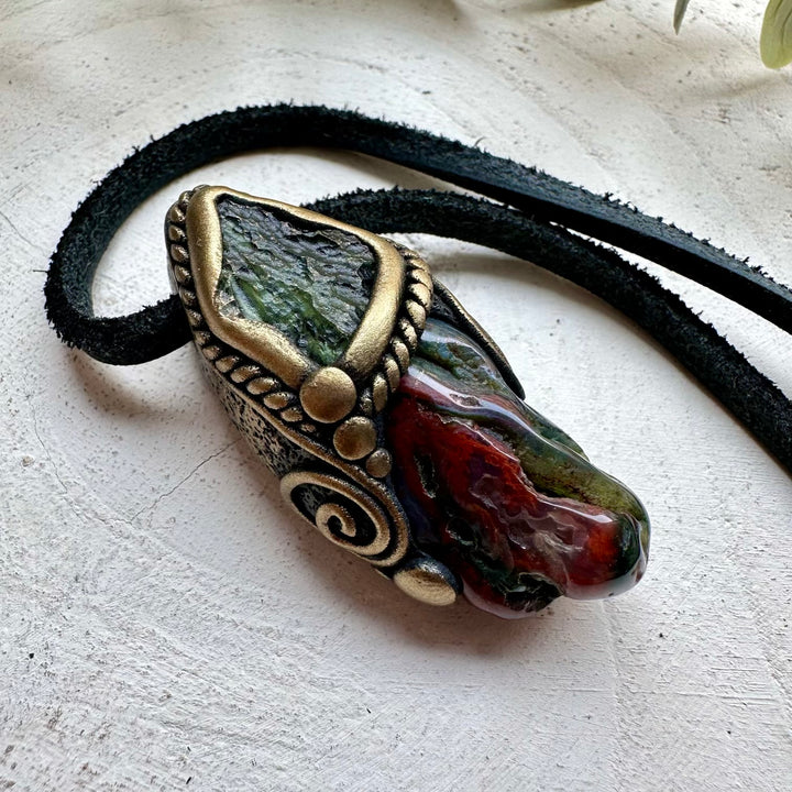 Healing crystal pendant with moldavite and bloodstone
