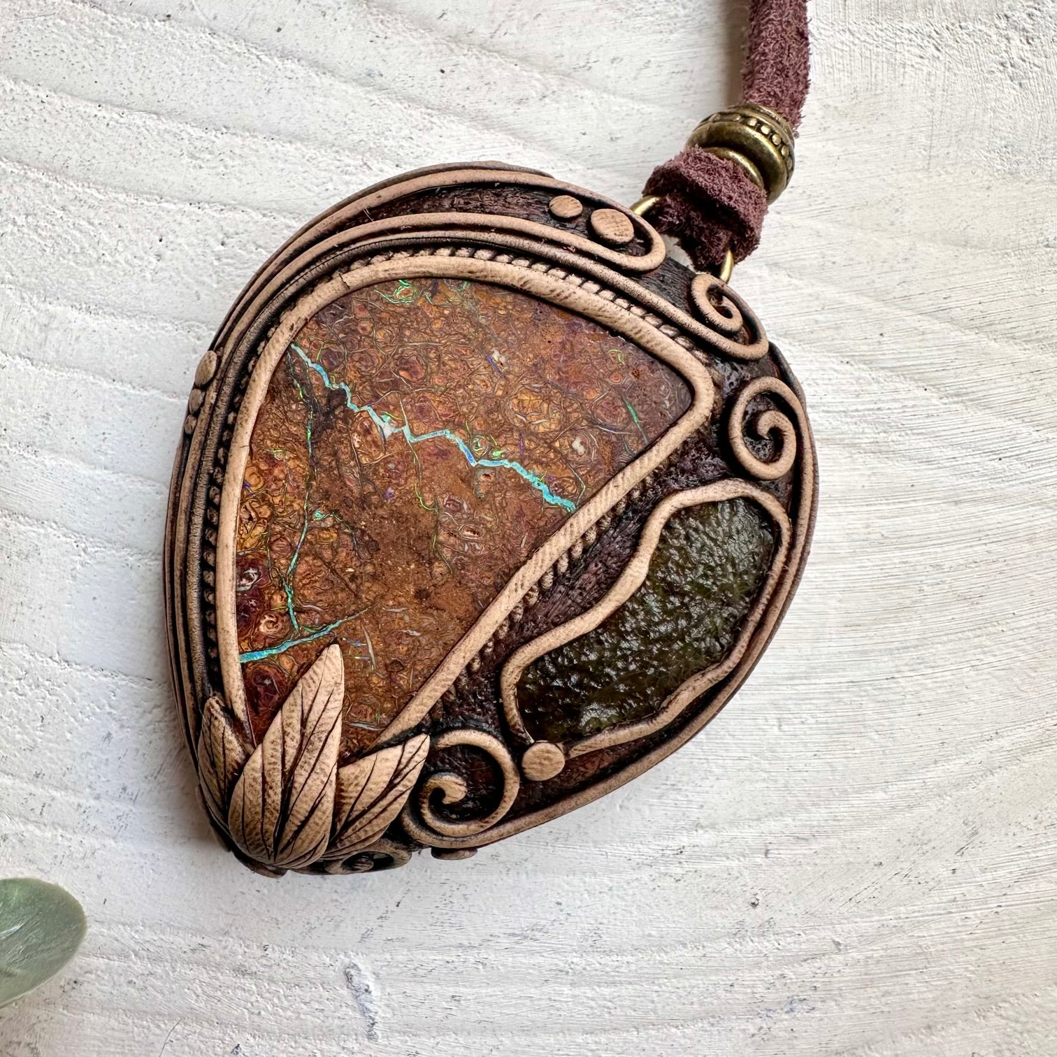 Handcrafted necklace featuring natural Boulder Opal and Moldavite