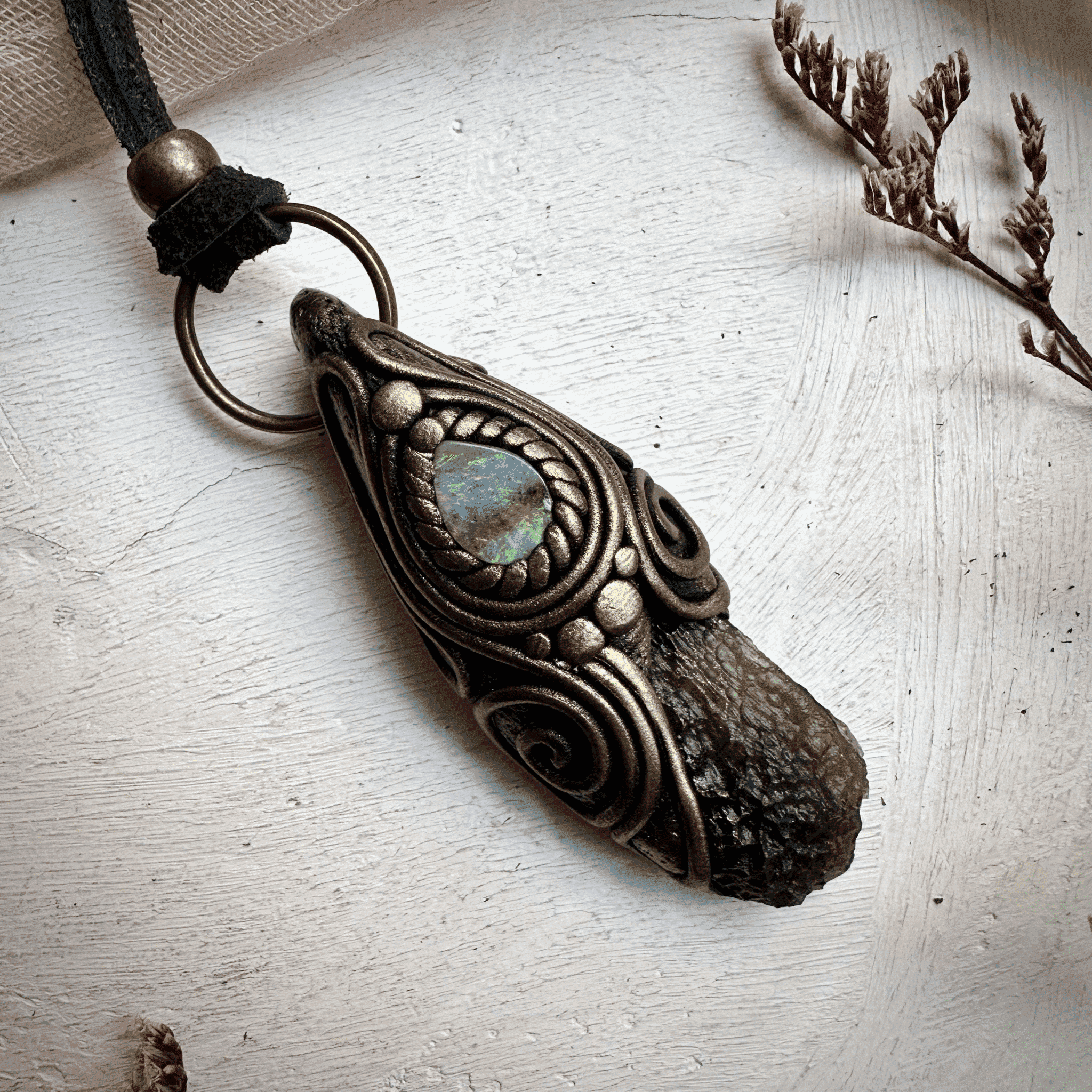 Moldavite and Boulder Opal Necklace - FairyGardenGlow