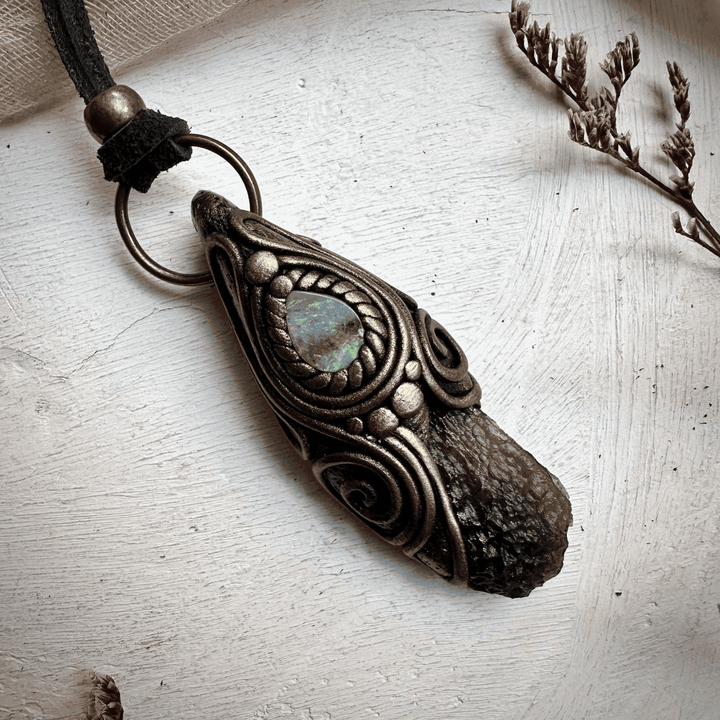 Moldavite and Boulder Opal Necklace - FairyGardenGlow