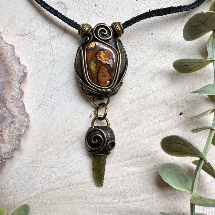Handmade necklace with boulder opal and moldavite