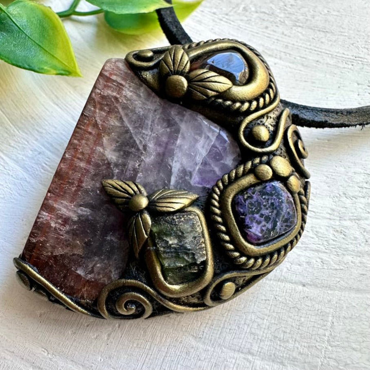 Super Seven Quartz, Moldavite, Charoite and Fire Agate Wearable Wand / Healing Crystal Pendant - FairyGardenGlow