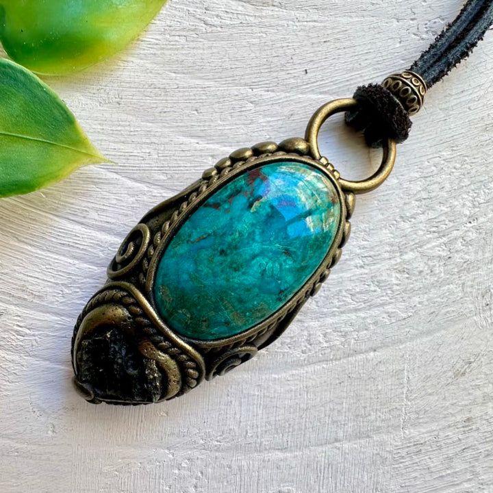 Unique Handmade Crystal Necklace – Moldavite and Chrysocolla for Protection and Transformation